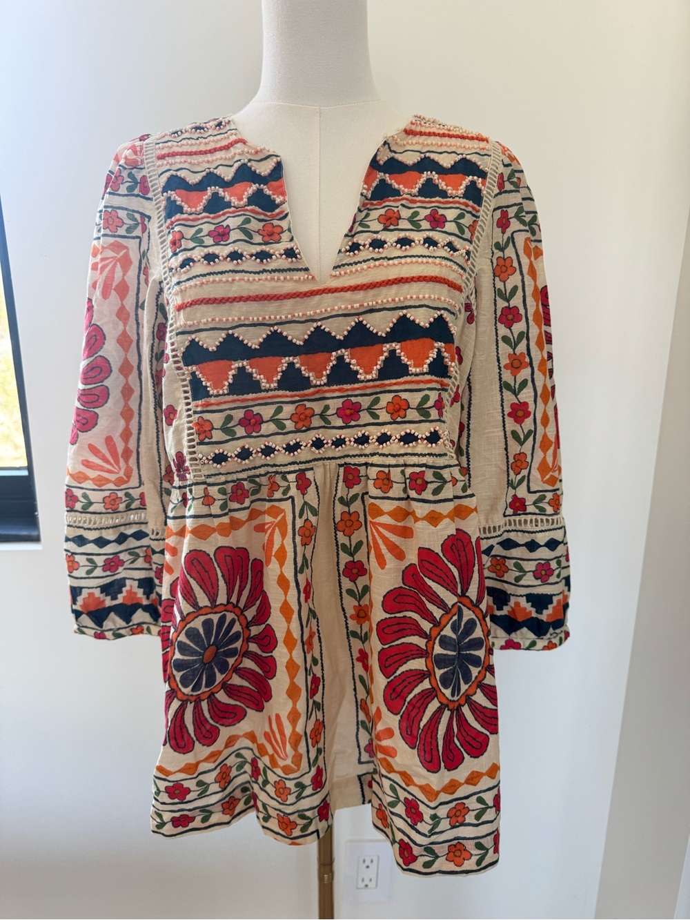 Sundance Boho Vibrant Cotton Beaded Floral Tunic Festival, Western, Peasant